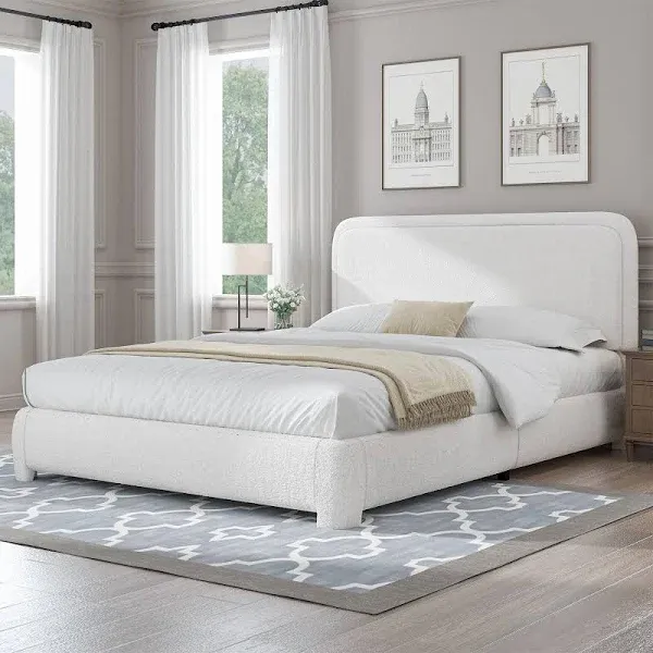 Queen Bed Frame, Boucle Upholstered Platform Bed Frame with Headboard, Modern Style, Soft Rounded Corners, No Box Spring Required, Easy Assembly, White