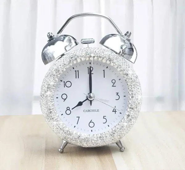 Bling Rhinestone Alarm Clock Morning Call for Bedroom Houser Desktop Home and Office Artistic Decorations (Silver)