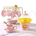 DUJUST 21 Pcs Small Tea Set of 6 Pink Marble Texture with Handcraft Golden Trim Fine Porcelain Tea Pot Set for Girls&Women 1 Glass Teapot(22oz) 6