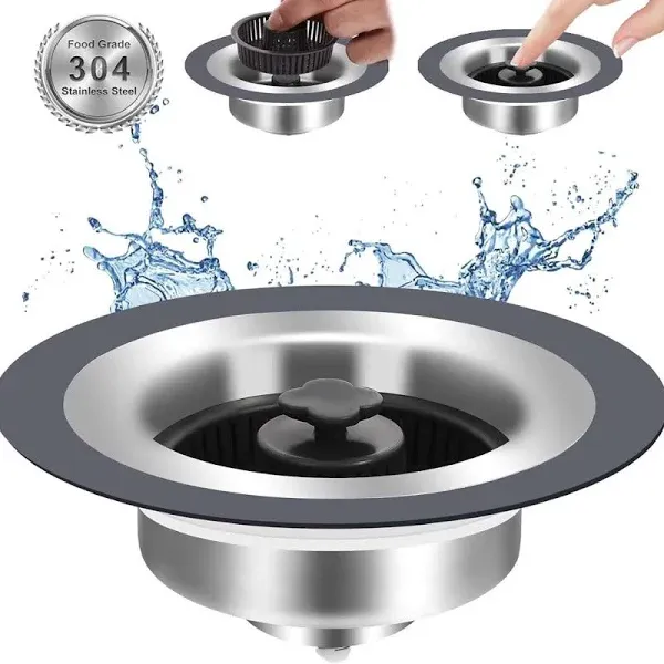 Upgraded 3 in 1 Kitchen Sink Drain Strainer and Stopper, Stainless Steel Kitchen Sink Shroom, Anti-Clogging Basket Strainer with Foldable Handle, Food Catcher for Standard 3-1/2 Inch Drain (1)