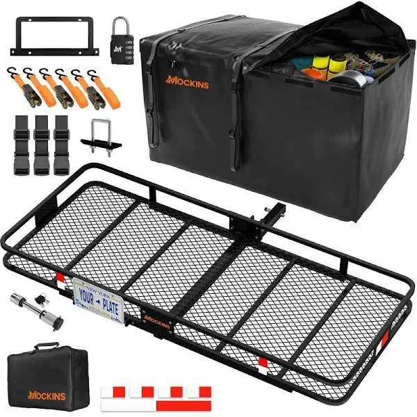 Mockins XXL 70&#034;x30&#034;x6&#034; Folding Trailer Hitch Cargo Carrier Set w/License Plat...