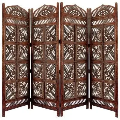 Benzara Traditional Four Panel Wooden Room Divider with Hand Carved Details