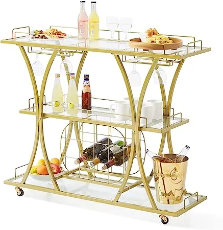 VEVOR Bar Cart Gold, 3 Tiers Home Bar Serving Cart on Lockable Wheels, Rolling Alcohol Cart with Tempered Glass Shelves Guardrail Wine Rack, Modern Wine Cart for Home Kitchen Dining and Living Room