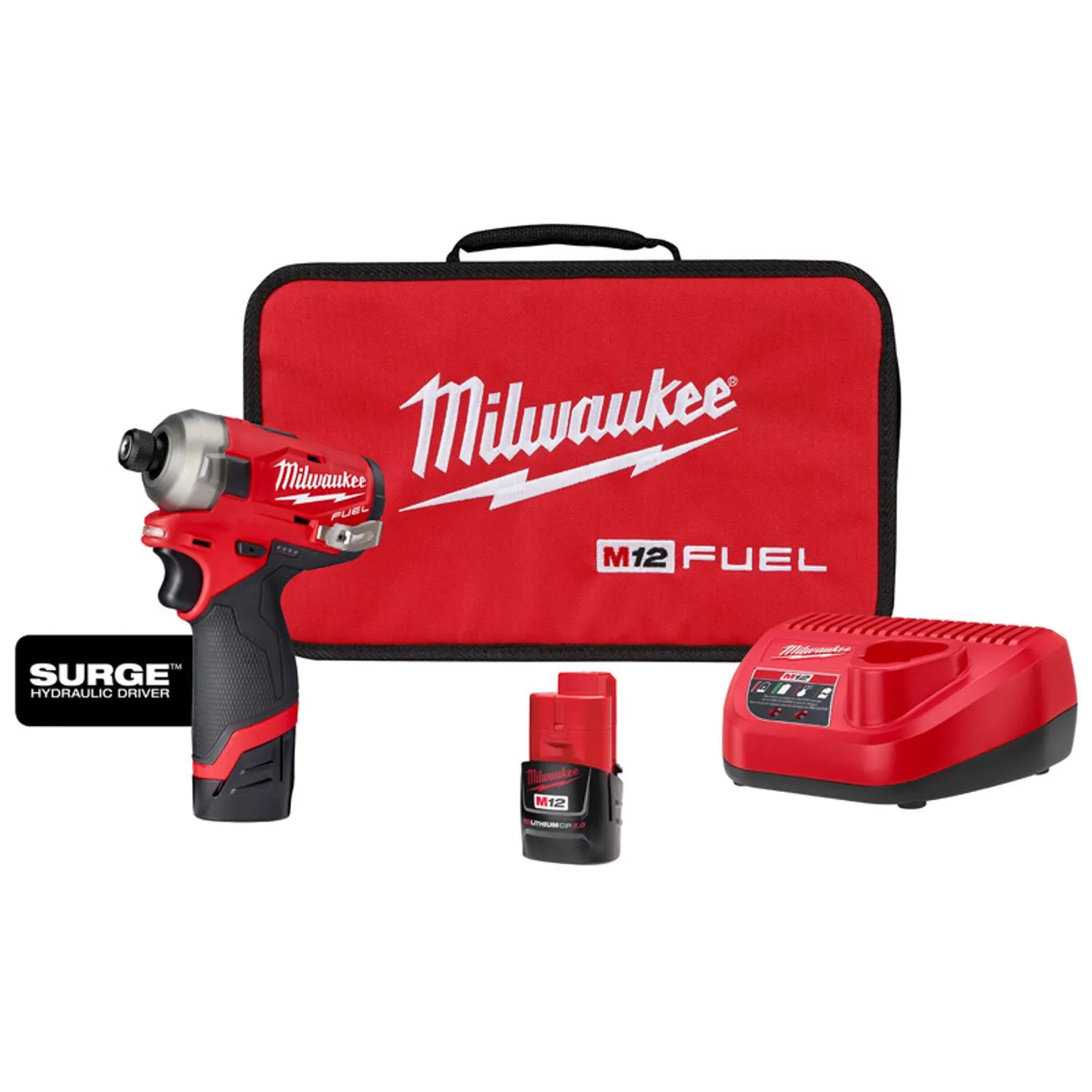 M12 FUEL SURGE 12V Lithium-Ion Brushless Cordless 1/4 in. Hex Impact Driver Compact Kit w/Two 2.0Ah Batteries, Bag