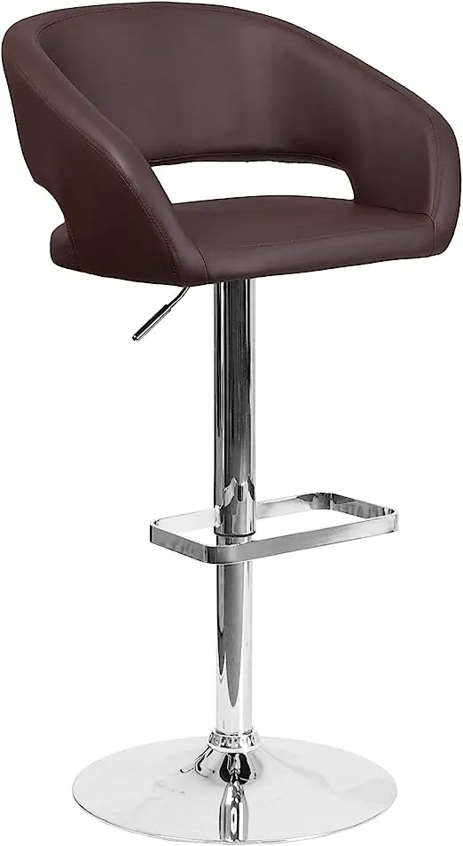 Flash Furniture Erik Comfortable & Stylish Contemporary Barstool with Rounded Mid-Back and Foot Rest, Adjustable Height - Brown Vinyl with Chrome Base