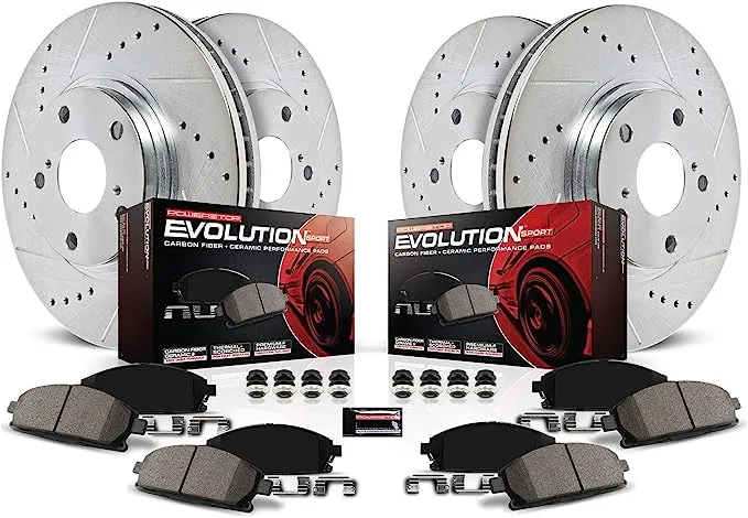 Power Stop K114 Front and Rear Z23 Carbon Fiber Brake Pads with Drilled and Slotted Brake Rotors Kit For Infiniti EX35 G25X G35 G37X G37 M35 M45 Nissan 350Z 370Z