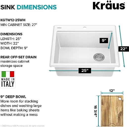 KRAUS Bellucci 25-inch Granite Composite Workstation Drop-In Top Mount Single Bowl Kitchen Sink in White with Accessories, KGTW12-25WH