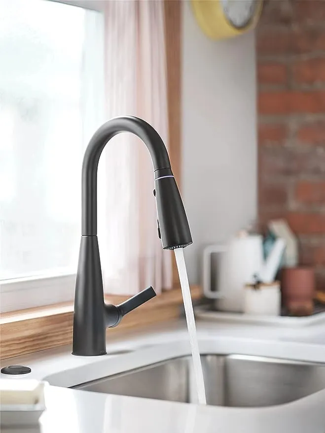 Moen 87627EIBL Haelyn Matte Black Single-Handle Pull-Down Kitchen Faucet with LED Light Colorcue Temperature Indicator and Soap Dispenser