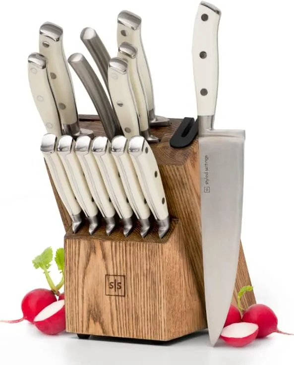 Styled Settings White and Gold Knife Set with Sharpener