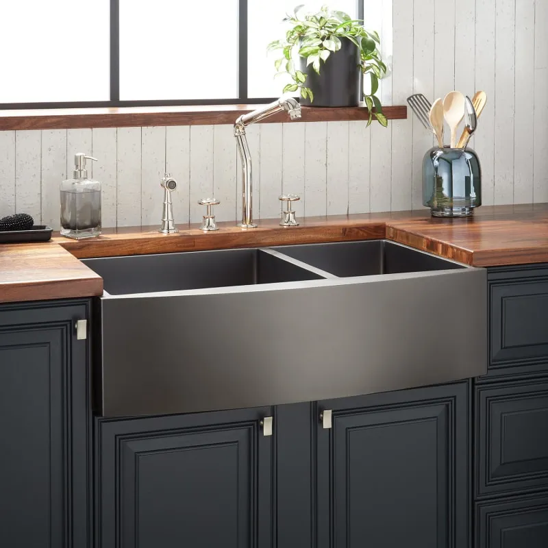 36" Atlas 60/40 Offset Double-Bowl Stainless Steel Farmhouse Sink with Curved Apron Signature Hardware Finish