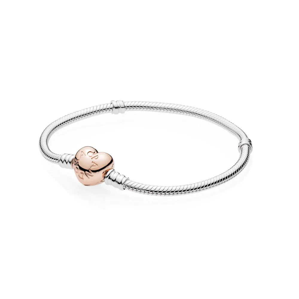 Pandora Moments Women's Sterling Silver Snake Chain Charm Bracelet with Rose Gold Heart Clasp