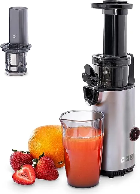 Dash Deluxe Compact Masticating Slow Juicer, Easy to Clean Cold Press Juicer with Brush, Pulp Measuring Cup, Frozen Attachment and Juice Recipe