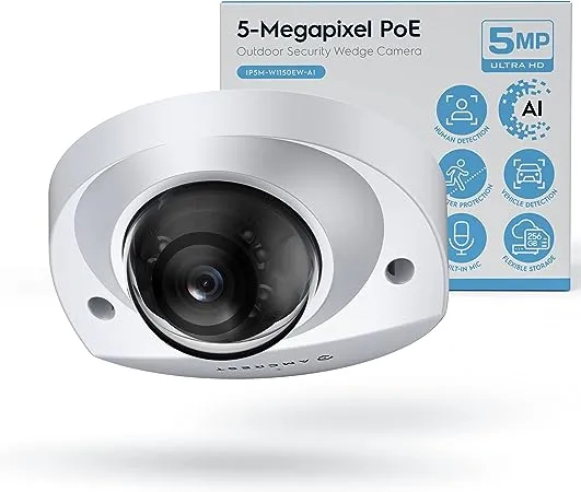 Amcrest 5-Megapixel Wedge IP PoE AI Camera, Security IP Camera Outdoor, Built-in Microphone, Human & Vehicle Detection, Perimeter Protection, 98ft Night Vision, 130° FOV, 5MP@20fps IP5M-W1150EW-AI