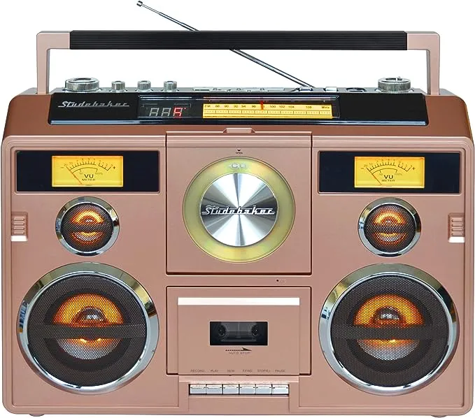 Studebaker Sound Station Portable Stereo Boombox with Bluetooth/CD/AM-FM Radio/Cassette Recorder (Rose Gold)