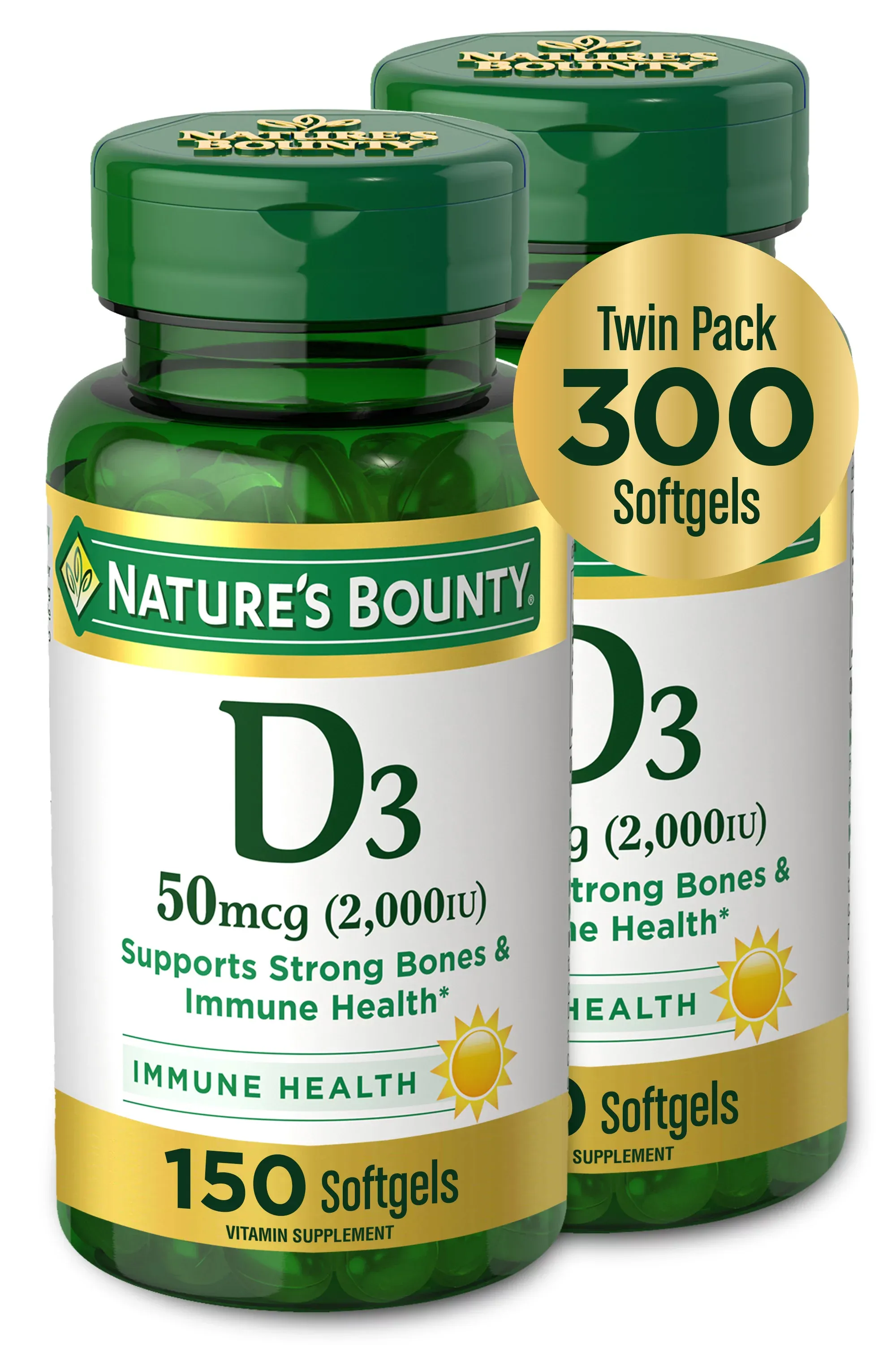 Nature's Bounty Vitamin D3 Softgels, 50 mcg, 2000 IU, 150 Ct, 2 Pack