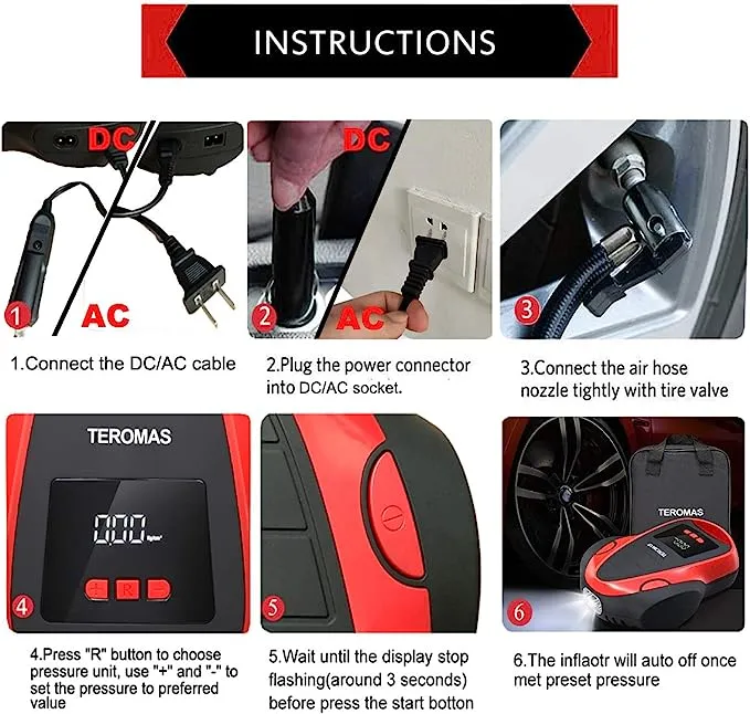 TEROMAS Tire Inflator Air Compressor, Portable DC/AC Air Pump for Car Tires 12V DC and Other Inflatables at Home 110V AC