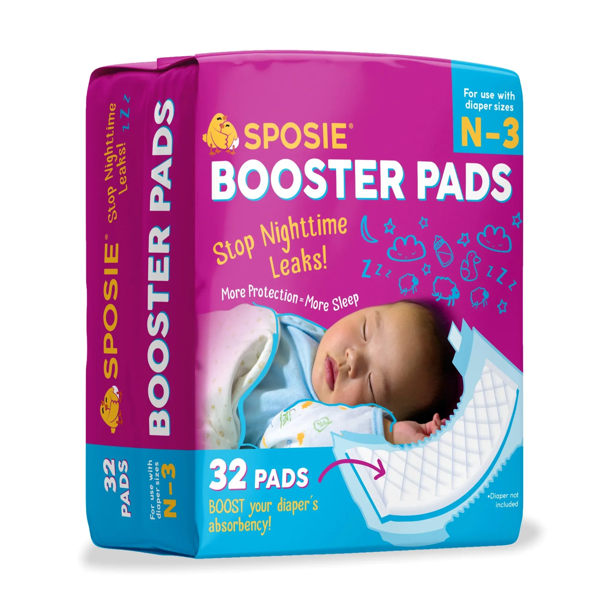 Sposie Diaper Booster Pads, Original Adhesive-Free for Easy Repositioning, Eliminate Overnight Diaper Leaks, Helps Reduce Nighttime Diaper Changes and Diaper Rash, for Diaper Sizes 4-6, 90 ct.