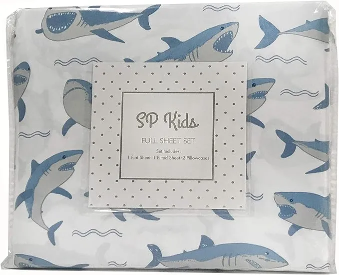 4-Piece Blue Shark Sheet Set | 1 Full Flat Sheet, 1 Full Fitted Sheet & 2 Queen Pillowcases | Made of 100% Super Soft Microfiber Polyester | Soft, Smooth & Durable | Ideal for Boys