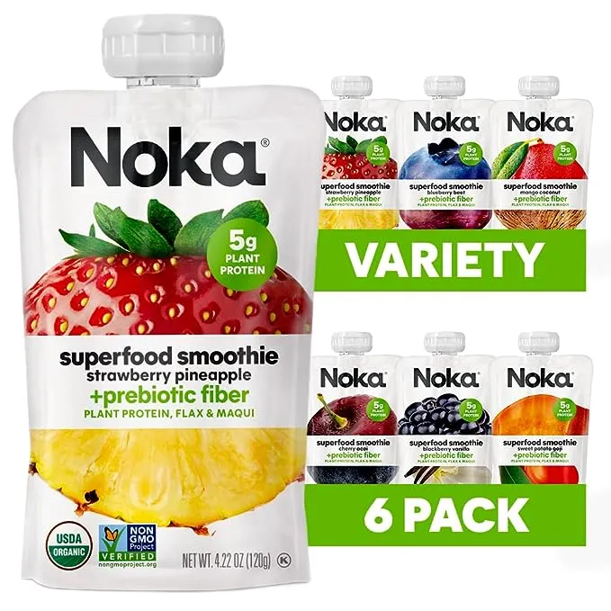 Noka Superfood Fruit Smoothie Pouches Variety Pack, Healthy Snacks with Flax Seed, Prebiotic Fiber and Plant Protein, Vegan and Gluten Free, Organic Squeeze Pouch, 4.22 oz, 6 CountNoka Superfood Fruit Smoothie Pouches Variety Pack, Healthy Snacks with Fl