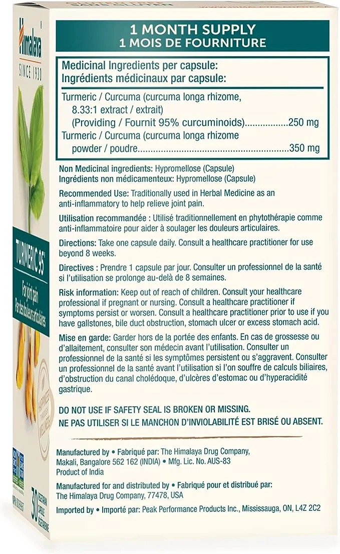 Himalaya Turmeric 95 Supplement with Curcumin/Curcuminoids, Joint and Muscle Support, Optimum Flexibility and Mobility, 600 mg, Non-GMO, Vegan, Gluten Free, 30 Capsules, 30 Day Supply