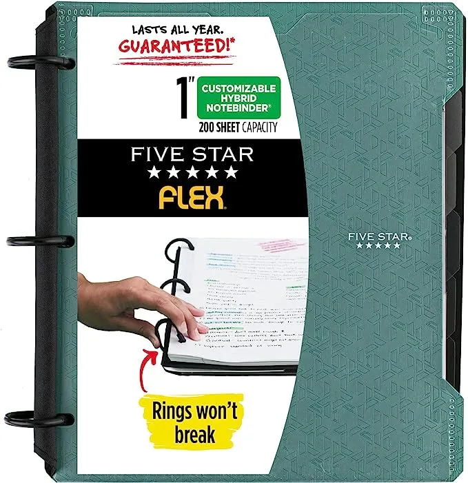 Five Star Flex Refillable Notebook + Study App, 1 Inch Binder with Customizable Cover, College Ruled Notebook and 3 Ring Binder, Hybrid NoteBinder, 200 Sheet Capacity, Green (29326AQ8)