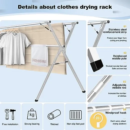 Sarahipe Sillars Clothes Drying Rack, 94.5 inches Laundry Drying Rack Clothing Foldable & Collapsible Stainless Steel Heavy Duty Clothing Drying Rack with Windproof Hooks for Indoor Outdoor