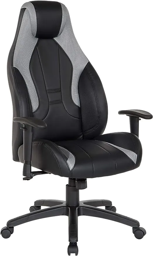 OSP Home Furnishings Commander Gaming Chair in Black Faux Leather and Grey Accents