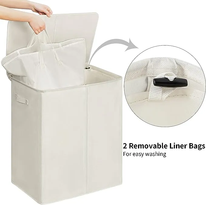 WOWLIVE 154L Double Laundry Hamper with Lid and Removable Laundry Bags, Large Dirty Clothes Hamper 2 section Collapsible Laundry Basket Dorm Room Storage for Bedroom, Bathroom, College,Beige