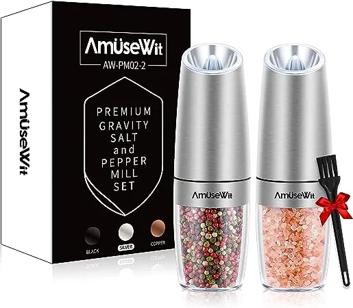 Electric Gravity Salt and Pepper Mill Set【White Light】- Battery Operated Automatic Salt and Pepper Mills with Light,Adjustable Coarseness,One Handed Operation,Cleaning Brush,Copper by AmuseWit