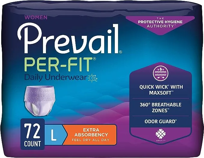 Prevail Per-Fit for Women Daily Protective Underwear, Pull-up Disposable Adult Diaper for Women, Extra Absorbency, Large, 72 Count (4 Packs of 18)