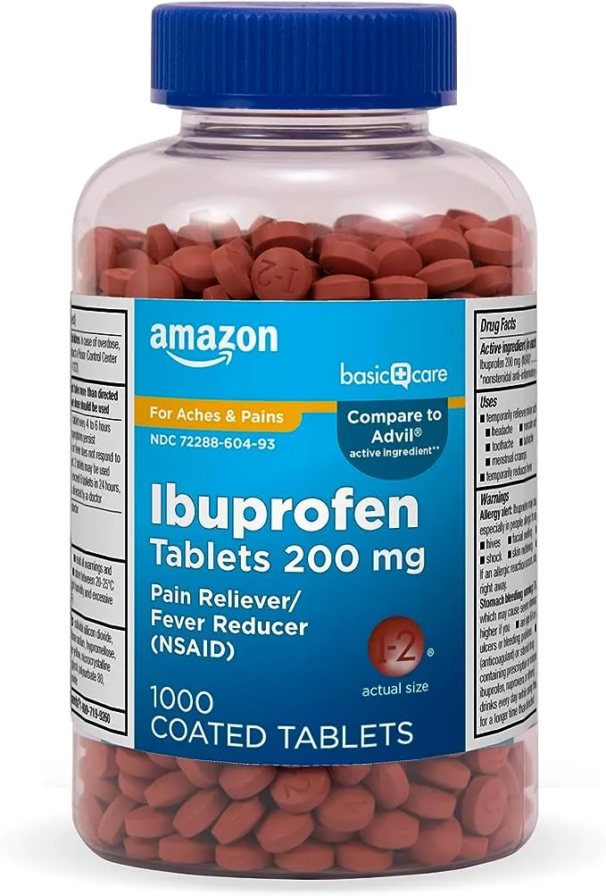 Amazon Basic Care Ibuprofen Tablets, Fever Reducer and Pain Relief from Body Aches, Headache, Arthritis and More, Brown, 200 Count (Packaging may vary)