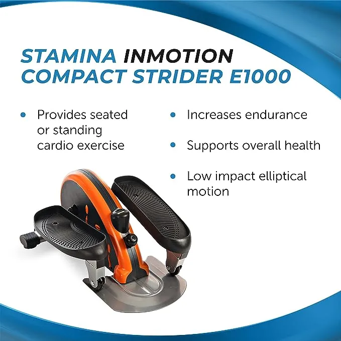 Stamina Inmotion E1000 Compact Strider - Seated Elliptical with Smart Workout App - Foot Pedal Exerciser for Home Workout - Up to 250 lbs Weight Capacity