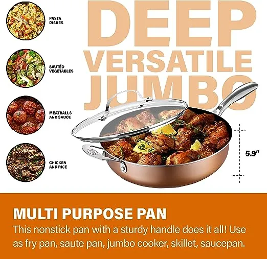 Gotham Steel Sauté Pan with Lid – 5.5 Quart Multipurpose Nonstick Jumbo Cooker with Glass Lid, Stainless Steel Handle & Helper Handle, Oven & Dishwasher Safe, 100% PFOA FREE