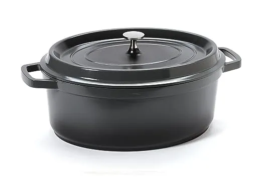 Heiss Induction Dutch Oven, 6-1/2 qt. (7 qt. rim full), 12-1/8in. x 9-7/8in. x 4-1/4in.H, oval, with lid, heat resistant to 500deg.F, oven/induction/gas/electric/open flame safe, dishwasher safe, chip and stain resistant, cast aluminum with ceramic ename