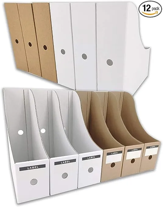 HUAPRINT Magazine File Holder(6 Brown,6 White)-Folder Holder,Desk File Organizer,Document Holder Box,Magazine Storage Box,With Labels