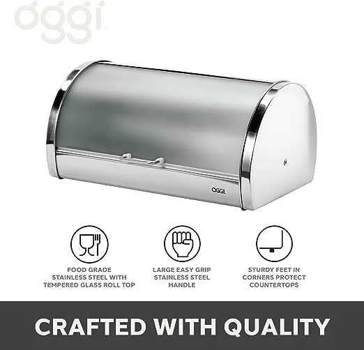 Oggi Stainless Steel Roll Top Bread Box with Frosted Lid