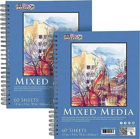 U.S. Art Supply 11&#034; X 14&#034; Mixed Media Paper Pad Sketchbook, 2 Pack, 60 Sheets, 9