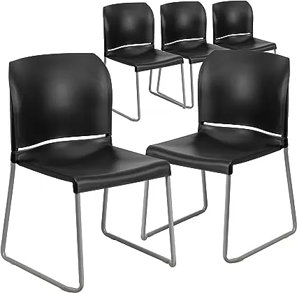 Flash Furniture 5 Pack HERCULES Series 880 lb. Capacity Black Full Back Contoured Stack Chair with Gray Powder Coated Sled Base