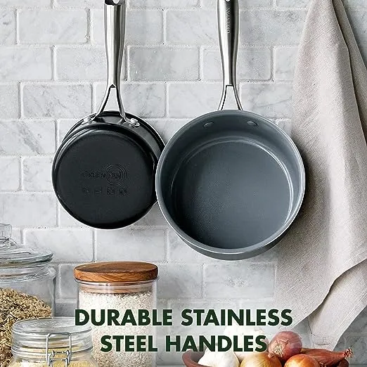 GreenPan Swift Healthy Ceramic Nonstick, 1QT and 2QT Saucepan Set, Stainless Steel Handle, PFAS-Free, Dishwasher Safe, Oven Safe, Black