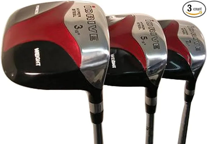 Senior Men's iDrive Red Square Anti-Slice Draw Fairway 3 5 7 Wood Set Golf Clubs, Right Handed Senior Flex with Men's Senior Size Black Pro Velvet Grips