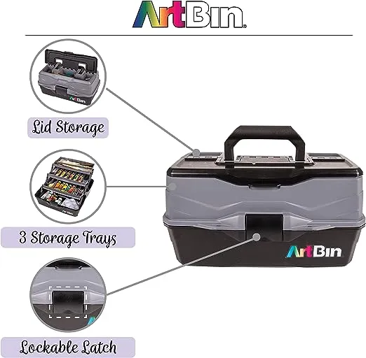 ArtBin 3-Tray Art Supply Box Versatile Organizer for Brushes, Paints, Stamps, and More - Durable Hard Plastic, Secure Closure, Portable with Top Trays and Dividers