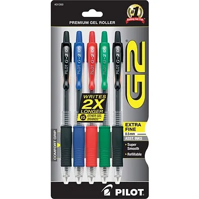 Pilot, G2 Premium Gel Roller Pens, Extra Fine Point 0.5 mm, Pack of 5, Assorted Colors