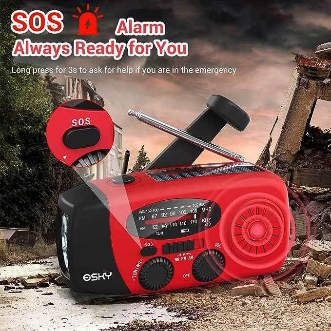 Esky Emergency Hand Crank Radio with 3 LED Flashlight, AM/FM/NOAA Portable Weather Radio with 2000mAh Power Bank Phone Charger, Solar Powered USB Charged Radio for Indoor Outdoor Camping, SOS AlarmEsky Emergency Hand Crank Radio with 3 LED Flashlight,…