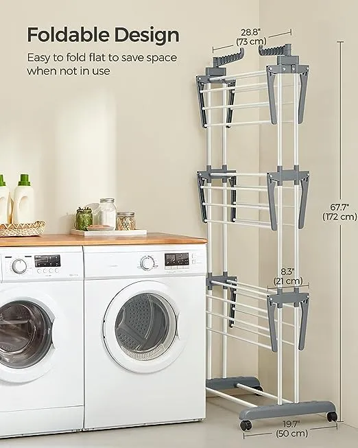 SONGMICS Clothes Drying Rack with Sock Clips Foldable Laundry Rack with Height-Adjustable Gullwings Space-Saving White and Gray