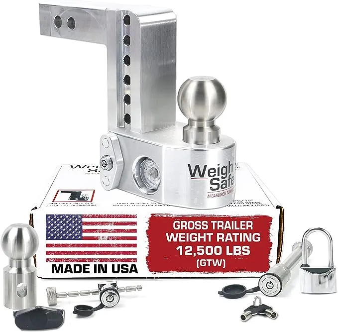 Weigh Safe Adjustable Trailer Hitch Ball Mount - 6" Drop Hitch for 2" Receiver w/ 2 pc Keyed Alike Lock Set, Premium Aluminum Trailer Tow Hitch w/Built in Weight Scale for Anti Sway, 12,500 lbs GTW