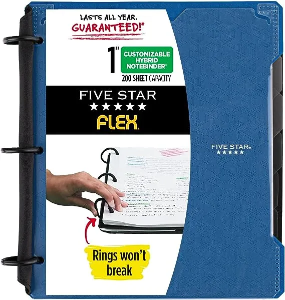 Five Star Flex Refillable Notebook + Study App, 1 Inch Binder with Customizable Cover, College Ruled Notebook and 3 Ring Binder, Hybrid NoteBinder, 200 Sheet Capacity, Color Will Vary (29326)