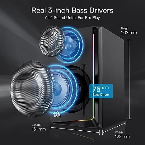 Redragon GS812 Wireless RGB Wooden Desktop Speakers, 2.0 Channel Bookshelf Speaker w/BT 5.0/3.5mm AUX Connection, Enhanced Bass/Volume Knob Control, Extra Mic/Audio Jacks & Dynamic RGB Lighting Bar