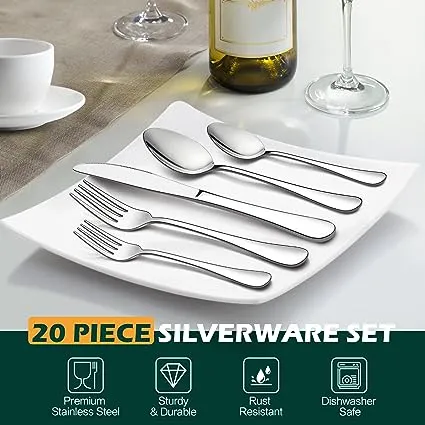 LIANYU 20-Piece Stainless Steel Flatware Silverware Set, Service for 4, Mirror Polished, Include Knife/Fork/Spoon, Dishwasher Safe