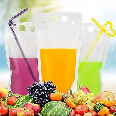 50pcs Plastic Drink Pouches Bags with 50 Straws, Heavy-duty Handheld Foldable...