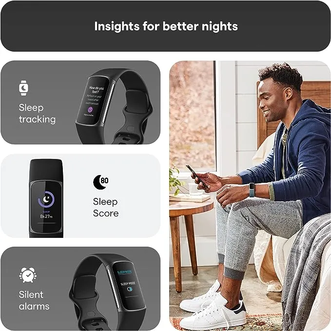 Fitbit Charge 5 Advanced Health & Fitness Tracker with Built-in GPS, Stress Management Tools, Sleep Tracking, 24/7 Heart Rate and More, Black/Graphite, One Size (S &L Bands Included)